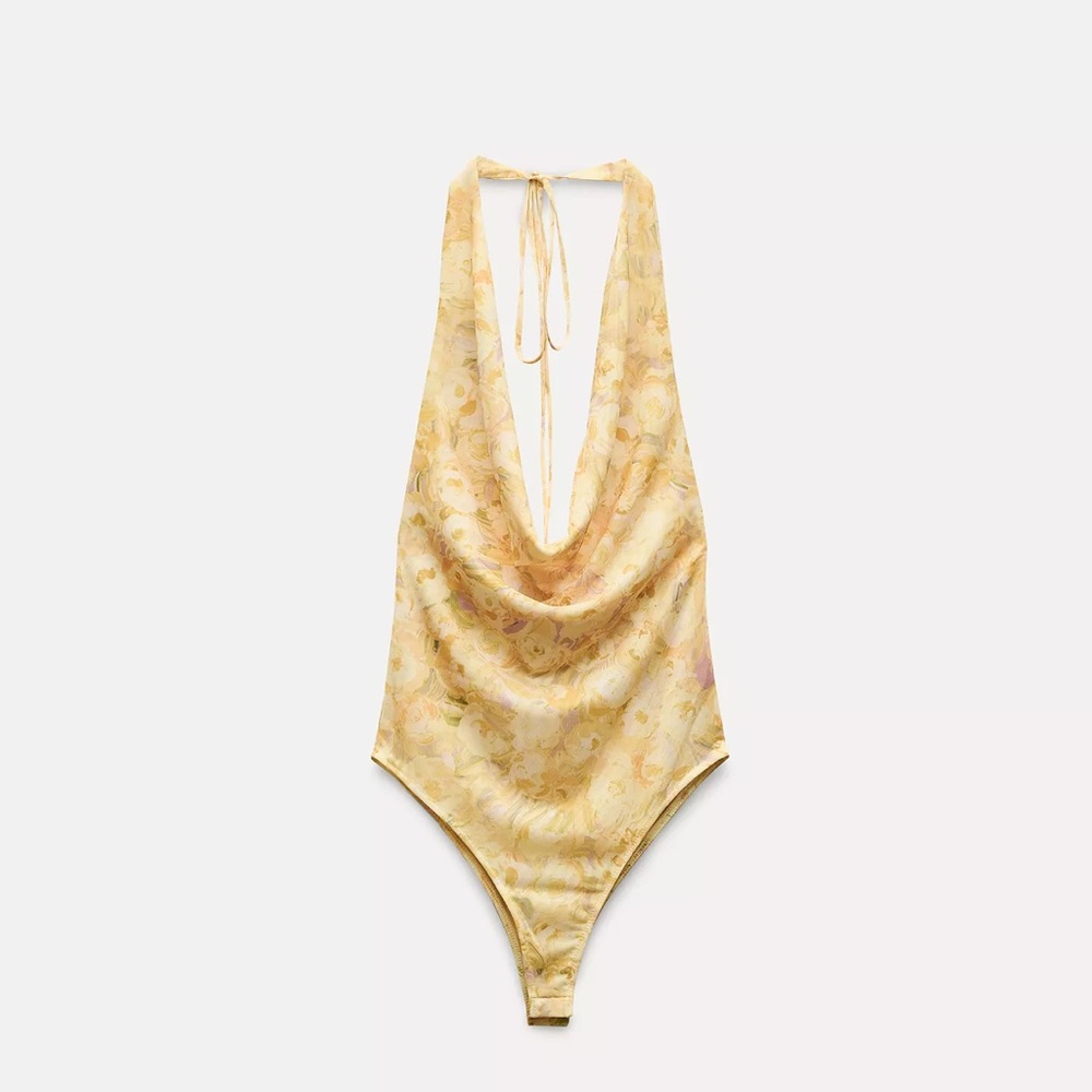 Floral Yellow draped neck bodysuit Nwt
